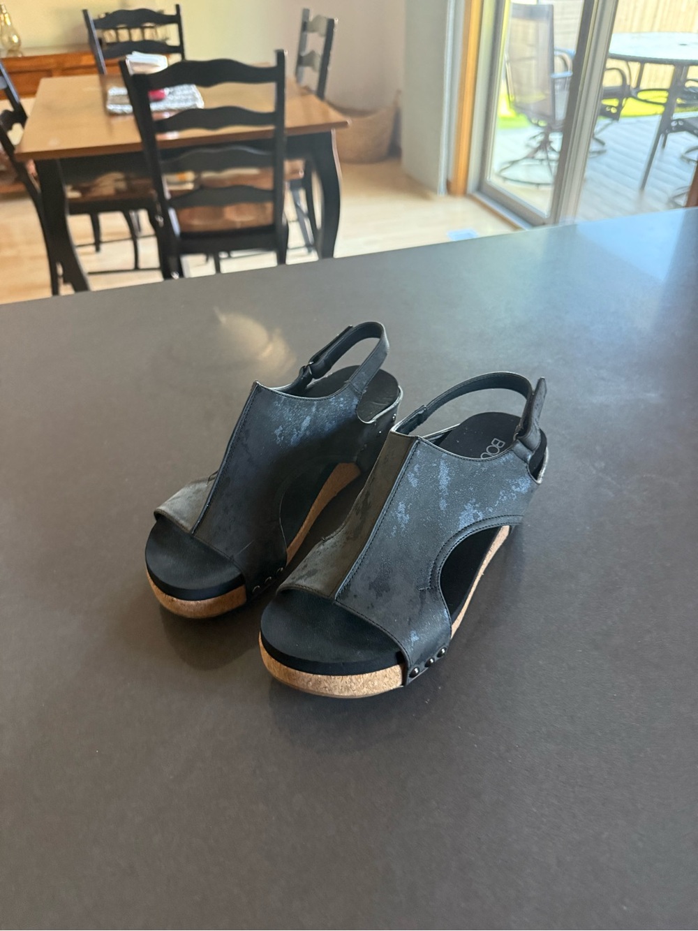 Corkys Black Open-Sling Wedge Sandals with Cork Platform
